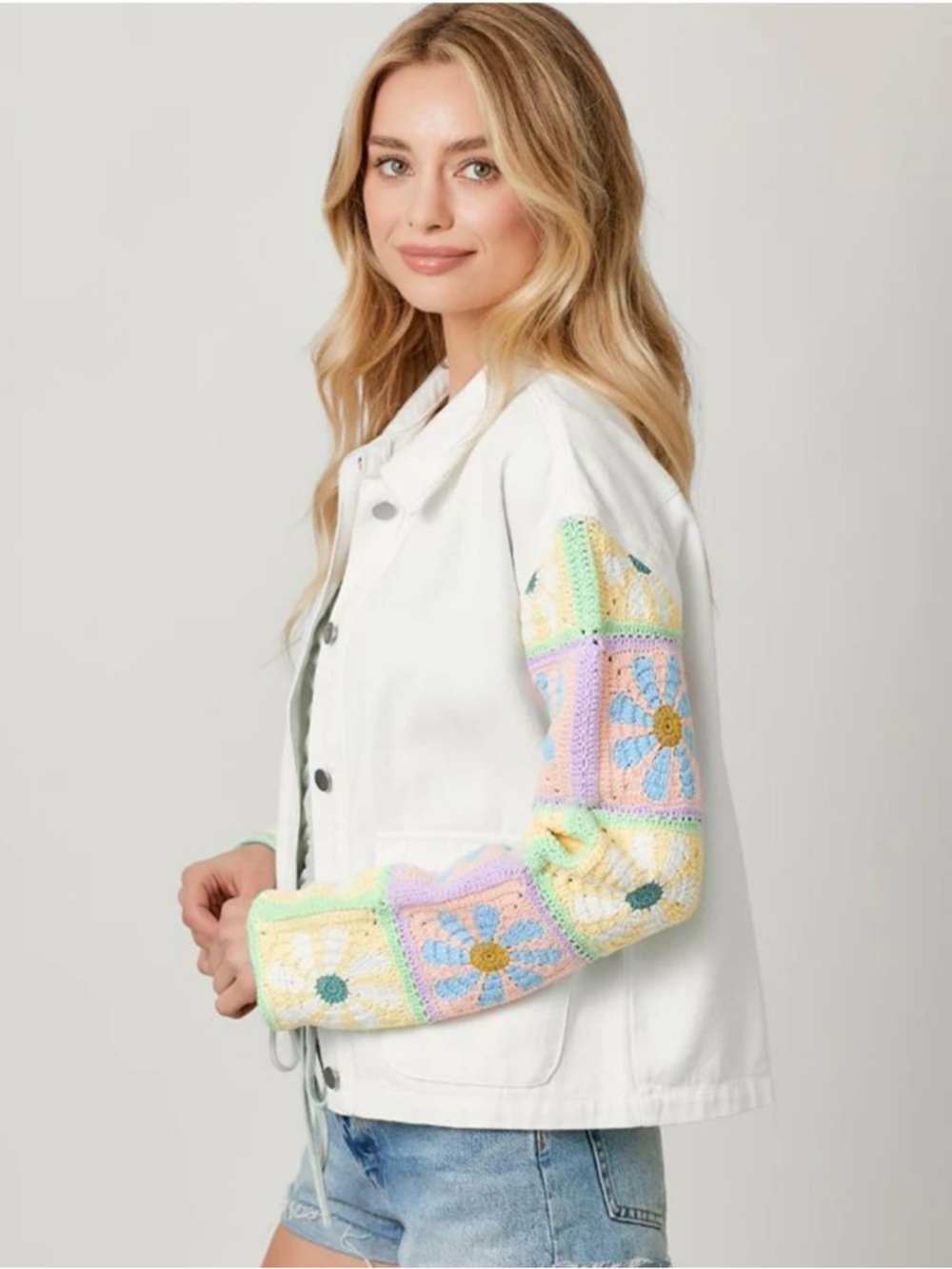 Mystree White jean Jacket with Pastel Crochet Sleeve Accents nwt - Picture 2 of 3